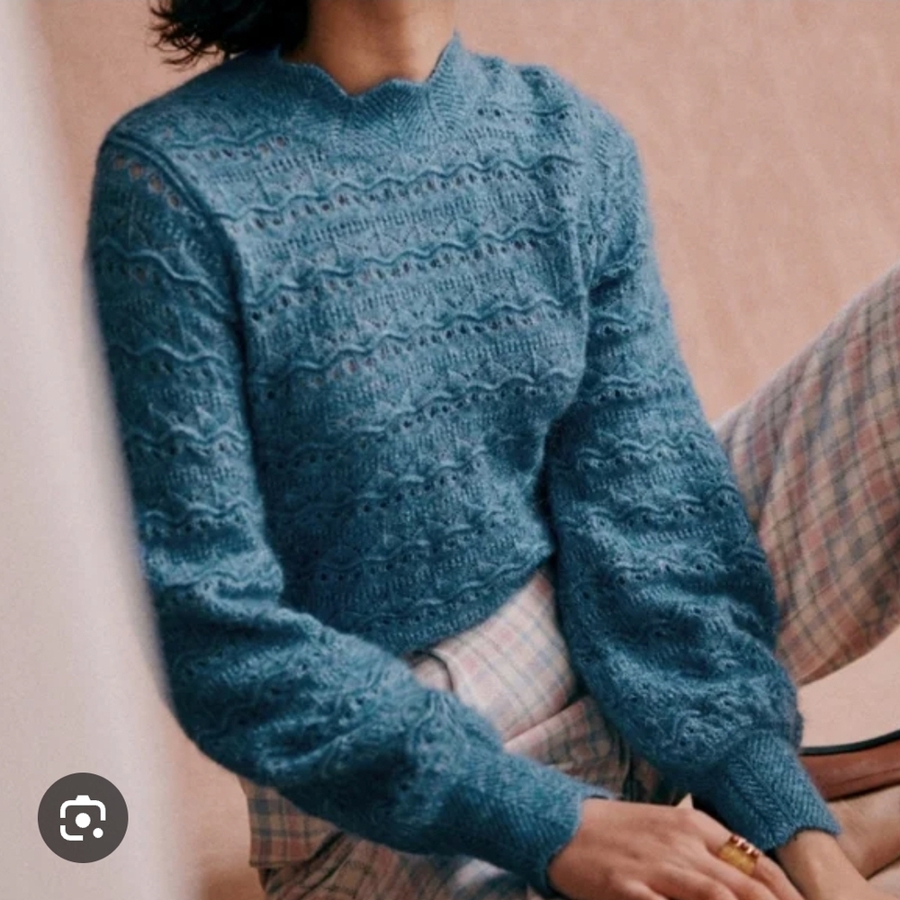 Sezane Blue Lace-Knit Crewneck Sweater